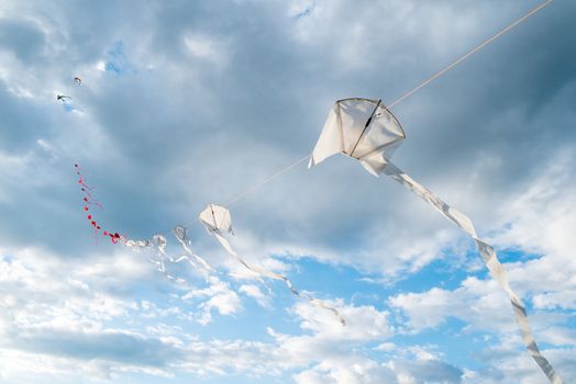 kites in a row flying in cloudy sky