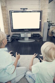 Two brothers playing video games at home