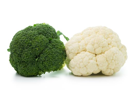 Fresh ripe organic broccoli and cauliflower isolated on white background