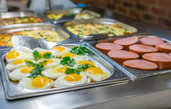 Buffet breakfast set in restaurant close up