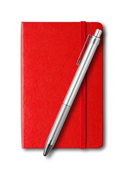 Red closed notebook and pen mockup isolated on white