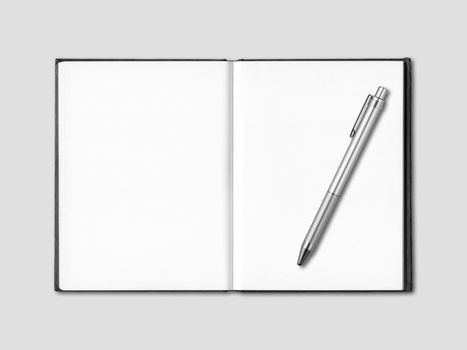 Blank open notebook and pen mockup isolated on grey
