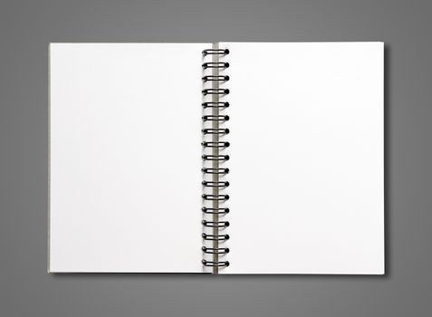 Blank open spiral notebook mockup isolated on dark grey