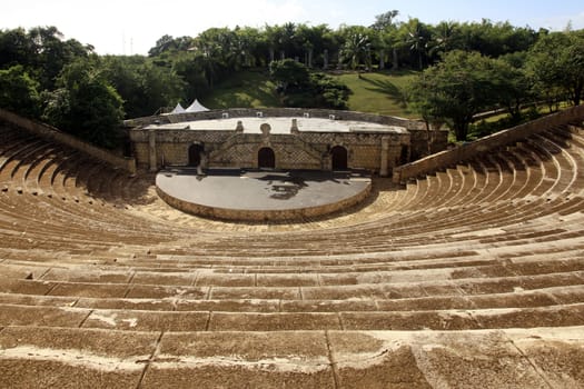 Amphitheater at Altos de Chavon, a re-creation of a mediterranean style European village located atop the Chavon River in La Romana, Dominican Republic. It is the most popular attraction in the city and also hosts a cultural center and an archeological museum