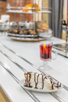 Slice of sweet cream chocolate pie on table