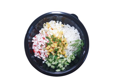 Black plastic bowl with light healthy salad isolated on white background