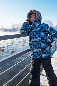 Boy at winter nonfreezing lake with white whooping swans. The place of wintering of swans, Altay, Siberia, Russia.