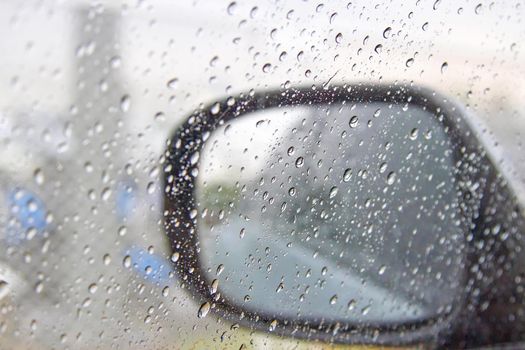 Water drops on glass and Rearview mirror