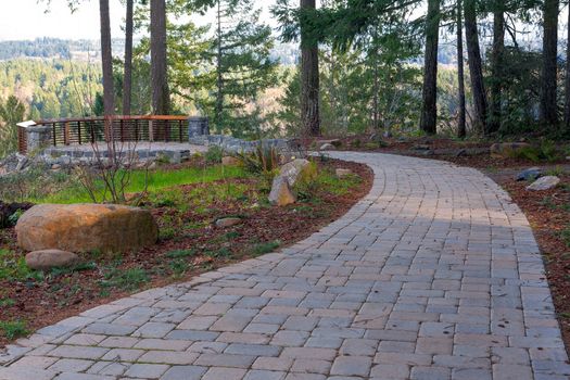 Garden Backyard brick stone concrete pavers walking path hardscape to backyard viewing deck