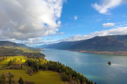 Columbia River Gorge from Cape Horn viewpoint in Washington State on a cloudy blue sky day