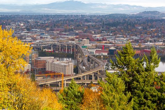 Marquam Bridge over Willamette River in Portland Oregon during fall season