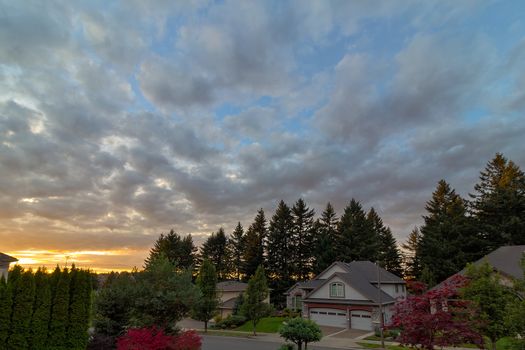 Sunset over street of suburban neighborhood of luxury upscale homes in North America