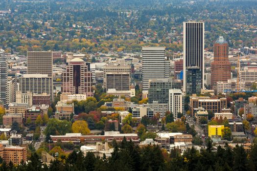 Portland Oregon city downtown buildings skyline in fall season color