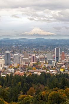 Portland Oregon downtown cityscape and Mount Hood view in Fall Season