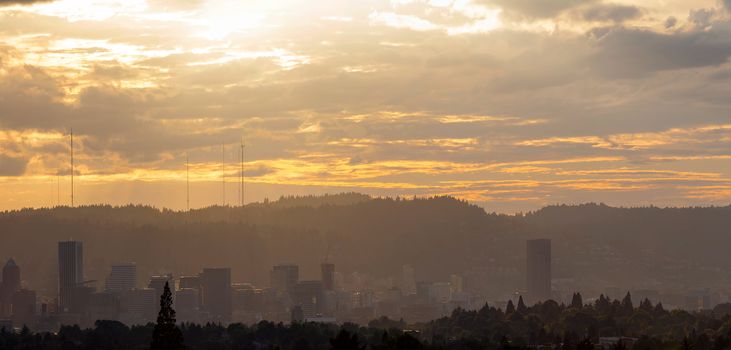 Hazy Smog afternoon over city of Portland Oregon downtown skyline panorama