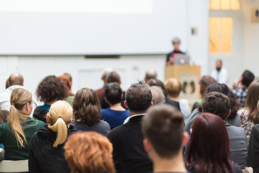 Female speaker giving presentation in lecture hall at university workshop. Audience in conference hall. Rear view of unrecognized participant in audience. Scientific conference event.