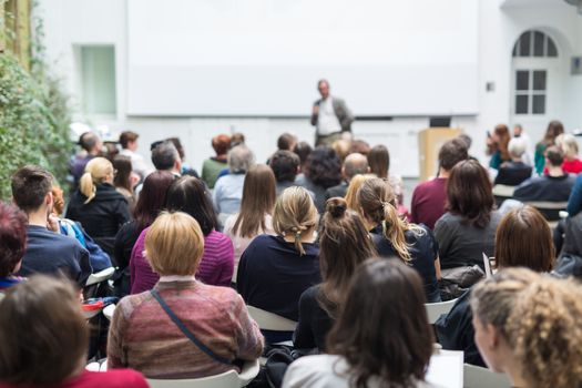 Male speaker giving presentation in lecture hall at university workshop. Audience in conference hall. Rear view of unrecognized participant in audience. Scientific conference event.