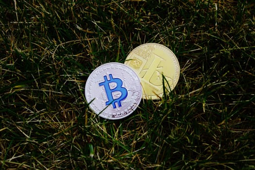 Digital currency physical silver bitcoin coin and gold litecoin coin on green grass.