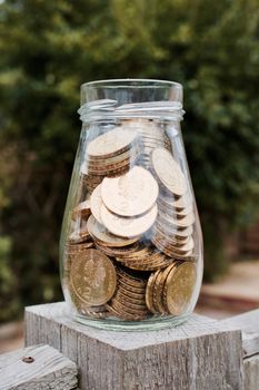 Small gold polish coins in glass jar in garden on the wooden fence.