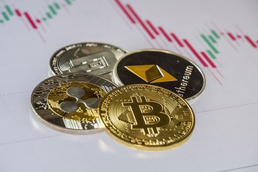Cryptocurrency coins over trading graphic japanese candles; Bitcoin, Ethereum, Dash and Ripple coins