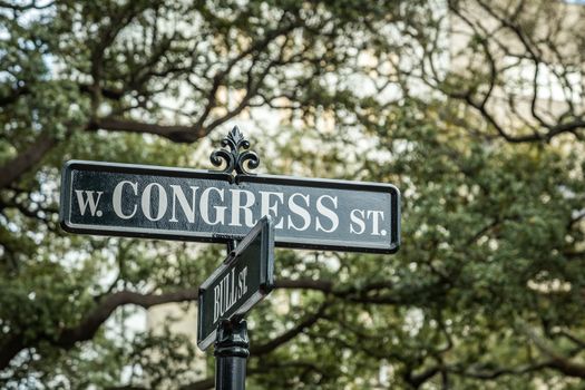 SAVANNAH, GEORGIA - MARCH 1, 2018: Street sign at corner of Congress and Bull Streets in Savannah.