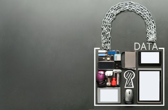Data written inside a padlock made from devices including tablets, computer mouse, usb cards on a chalkboard background