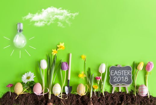 Easter flower bed garden background with row of painted eggs amongst flowers, with clouds and light bulb as the sun, 