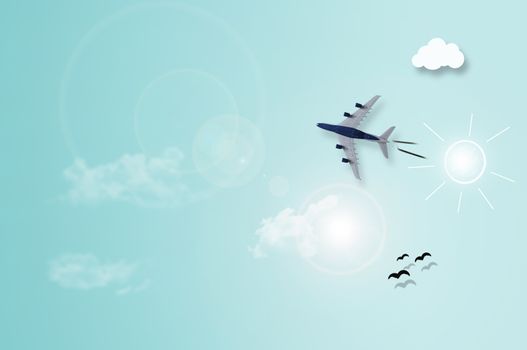 Miniature plane on sky paper background with illustration of sun, clouds and birds 