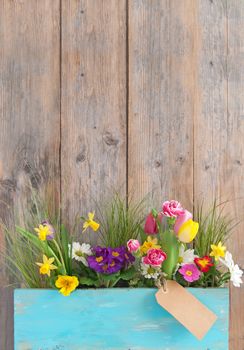 Assorted spring flowers inside a wooden plant holder with blank label attached