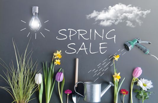 Spring sale flower bed garden with clouds, light bulb as the sun, and hose pipe with a sketch of water being sprayed on top of a chalkboard 