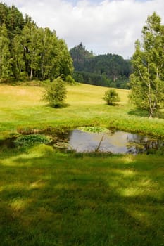 Summer landscape with forests, meadows, pond, rocks and sky