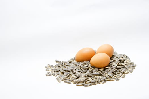 Eggs with sunflower seeds White background