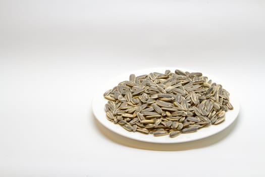 Dried sunflower seeds in the white plate on white background.