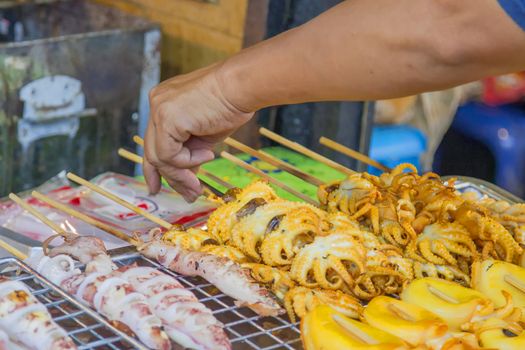 Use a hand of grilled squid on wire mesh.