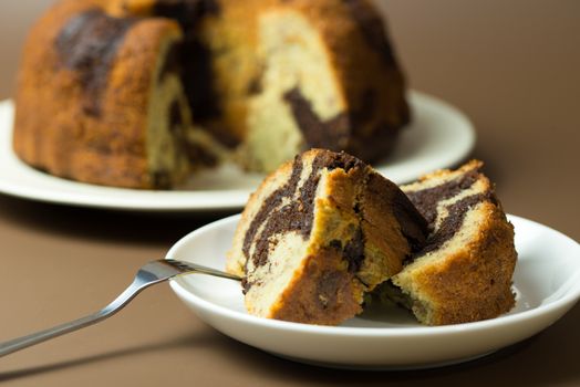 Homemade banana chocolate bundt cake ready to serve