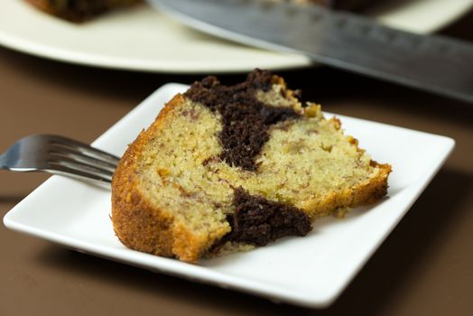 Homemade banana chocolate bundt cake ready to serve