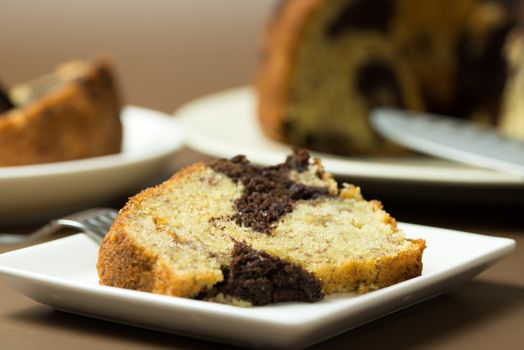 Homemade banana chocolate bundt cake ready to serve