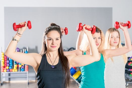 beautiful girls in the gym train, group exercise with dumbbells
