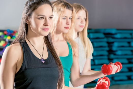 close-up portrait of three girls in training with dumbbells