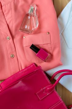 top view clothes, perfume and accessories for a stylish look