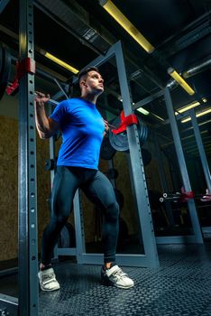 beautiful male bodybuilder with a heavy barbell posing in the gym