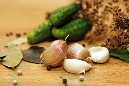 Bay leaves, pepper, dill, garlic - Ingredients for pickling