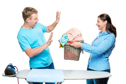 the wife holds out a cart of linen for ironing to the dissatisfied husband, the portrait is isolated