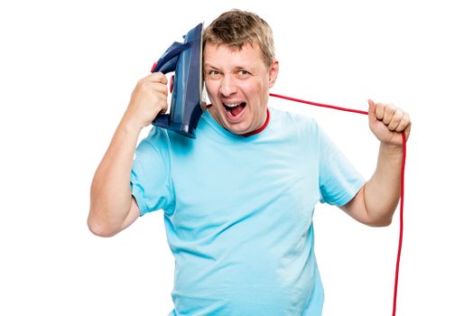 concept photography - crazy man smothering himself with a wire from an iron on a white background