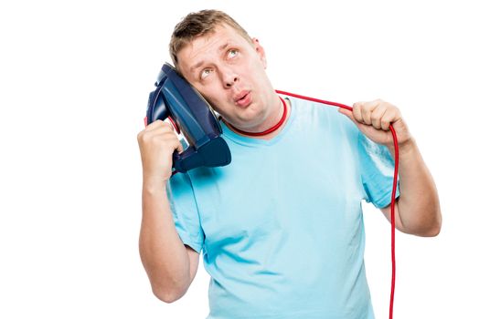 concept of a crazy man strangling himself with a wire from an iron on a white background