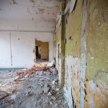 wide angle view of an old wall abandoned factory building