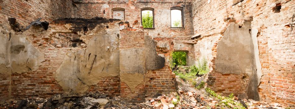 wide angle view of an old wall abandoned factory building