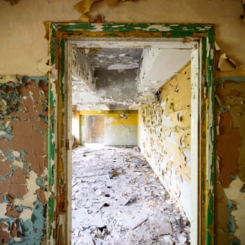 wide angle view of an old wall abandoned factory building