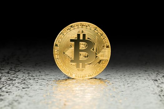 bitcoin crypto currency close-up on darkly shiny background