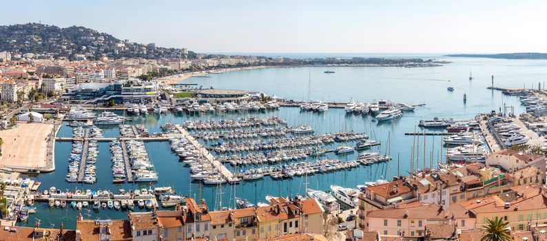 aerial view of Le Suquet- the old town and Port Le Vieux of Cannes, France Panorama